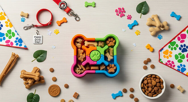 Overhead shot of dog puzzle toy surrounded by treats, leash, bandana and happy dog day tag on white wood ai generated - Powered by Adobe
