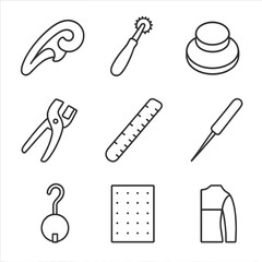 Obraz premium Pattern Tools Icons. Line style icons of Pattern Making Tools: french curve, tracing wheel, pattern weight, notcher tool, grading