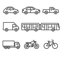 Fototapeta premium Line Style Vehicles. Line style icons of Common Road Vehicles: compact car, sedan, pickup truck, delivery van, city bus,