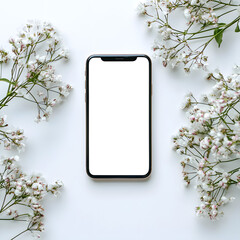 Smartphone mockup surrounded by delicate white baby's breath blossoms on white background