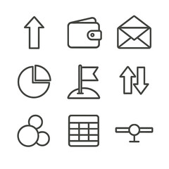 Personal Budget Icons. Line style icons of Personal Budgeting: income arrow, expense wallet, budget envelope, category pie,
