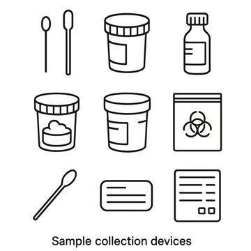 Sample Collection Icons. Line style icons of Sample Collection Devices: sterile swab, sputum cup, blood culture bottle, stool