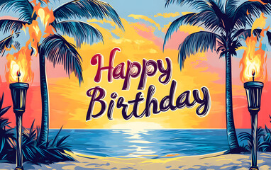 Tropical beach happy birthday card with palm trees torch lit flames and ocean sunset scene
