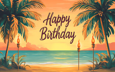 Tropical birthday greeting card beach landscape palms and torches celebration design