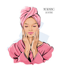 Hand drawn beautiful woman with towel on her head making her morning routine. Vector illustration 