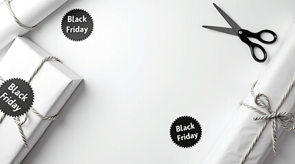 Black friday sale concept with wrapped gifts, scissors and labels isolated on white background preparing for christmas, boxing day or other holiday copy space for text and design