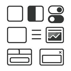 Monochrome UI Icons. Line style icons of monochrome digital interface: white UI button on black, contrast theme icon, toggle in