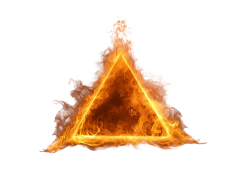 A triangular shape on fire, isolated on a transparent background in PNG format.