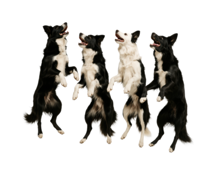 Playful border collies jumping together dog training session isolated on transparent background, png