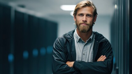 Fototapeta premium Technical professional in casual attire exuding confidence with a determined look, set against a softly blurred server room background.