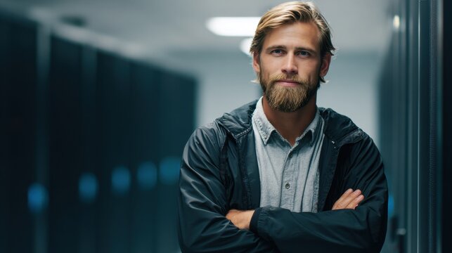 Technical professional in casual attire exuding confidence with a determined look, set against a softly blurred server room background.