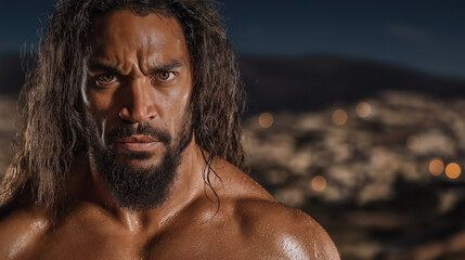 Sweaty and furious, Samson stands before the city before dawn, his long hair blowing in the wind. The beast glows behind him in the dark blue twilight.