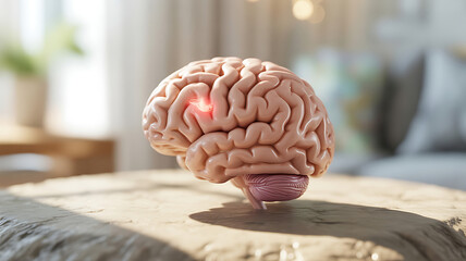 Pale pink human brain with glowing red spot isolated on a transparent background image