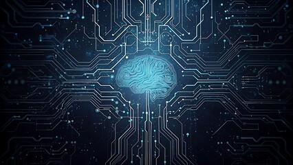 Digital Brain Wired into Neural Circuitry Illuminated in Cosmic Blue Network Against Dark Abstract Space