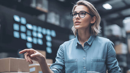 A startup founder in her 30s paces a warehouse filled with open boxes and labels, brainstorming aloud while arranging sticky notes on the wall, embodying focused energy and innovation..