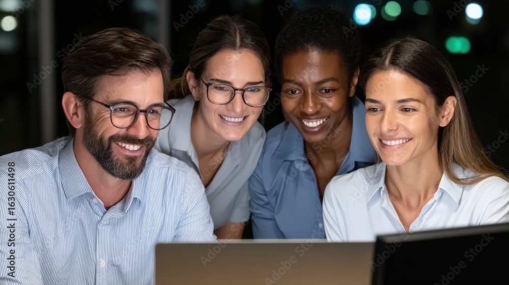 Aufkleber group of four diverse colleagues smiling and looking at a computer screen in a professional setting