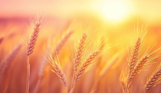 Golden wheat stalks fill frame against soft pink backdrop. Ideal for harvest, bread, agriculture, food themes
