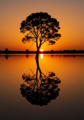 Fototapeta premium Sunset Silhouette Tree Reflection - Stunning silhouette of a tree reflected in calm water at sunset, vibrant orange and yellow hues