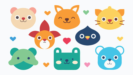 Fototapeta premium Vector art of collection of cute cartoon animal faces including bear, fox, cat, owl, bird, frog, and dog isolated on white background.