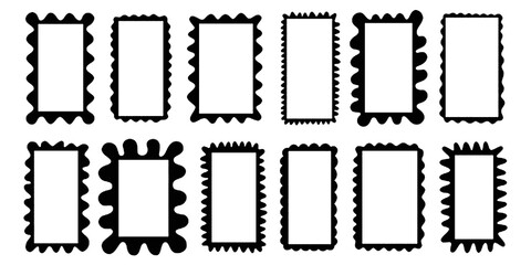 Squiggle frames set. Color zigzag wavy edges, retro scallop frames, psychedelic rectangles, photo frames, text boxes, tags, labels. Wave and curvy borders Vector groovy shapes isolated