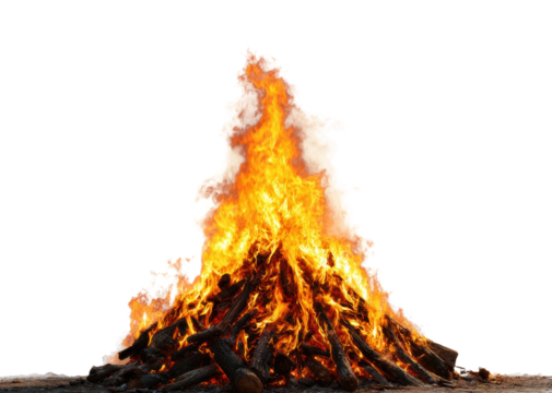 Bonfire celebration gathering firewood stack nighttime vibrant flames isolated on transparent background, png