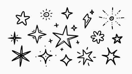 Vector art of collection of handdrawn star and sparkle doodles, isolated on white background.