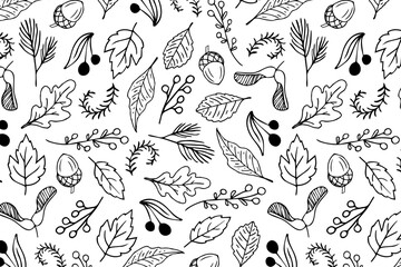 Seamless vector pattern with forest leaves, berries, acorns, and seeds. Hand-drawn black and white line art. Ideal for coloring books, textile design, packaging, wrapping paper, eco projects.