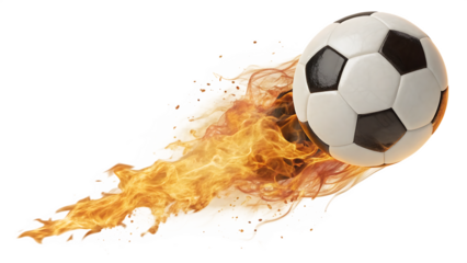 Soccer ball ablaze with fiery trail isolated on a transparent background fire flame