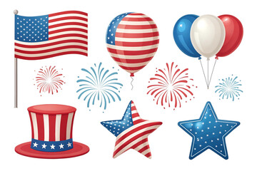Obraz premium American Flag Balloons Fireworks Uncle Sam Hat Stars Isolated united states independence day isolated on a transparent background