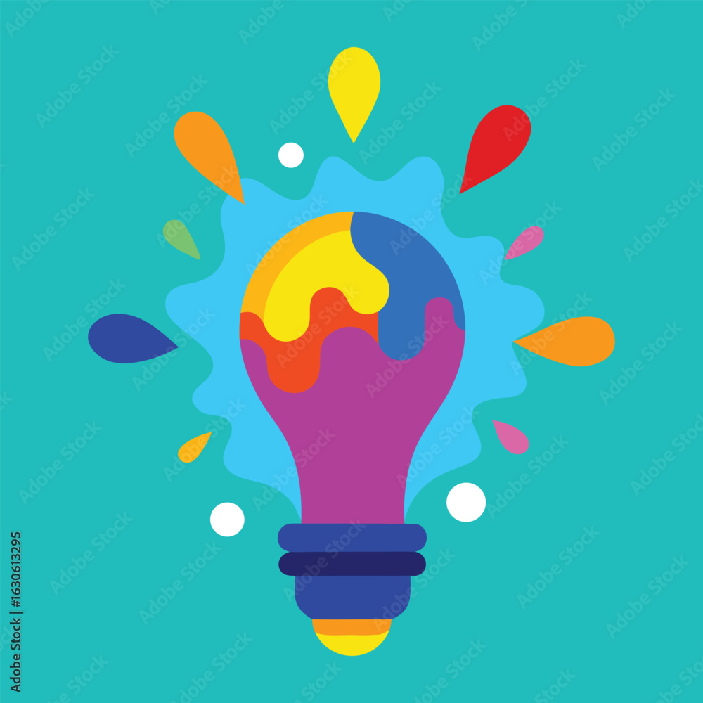 Poster vector art of abstract colorful lightbulb bursting with ideas and creativity on a teal background