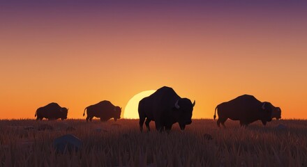 Fototapeta premium Bison silhouettes at sunset