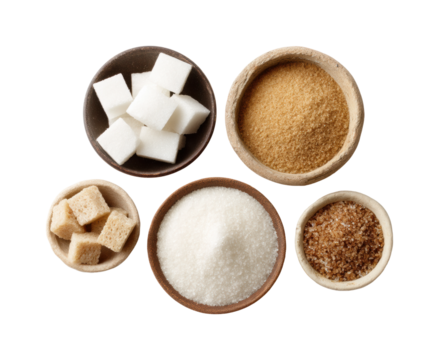 Exploring sugar varieties types uses and benefits in culinary arts isolated on transparent background, png