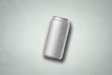 Aluminum cans with water drops on white background. Mockup for design