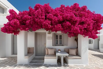Charming white house with vibrant bougainvillea in bloom