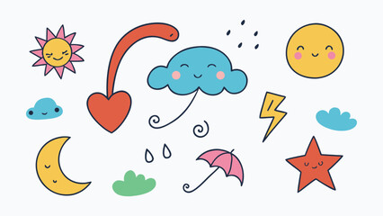 Naklejka premium Vector art of cute cartoon weather icons including sun, moon, clouds, stars, heart, lightning, and umbrella isolated on white background.