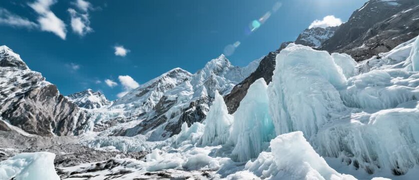 Hiking Expedition, Ice Formations Mountains, Himalayan Region, Photo, Alpine Wilderness, Wide-Angle Panorama, Climate and Adventure