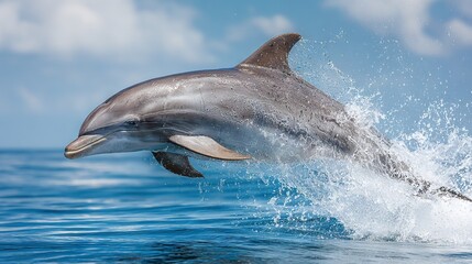   Dolphin leaping from water with open mouth and head above surface