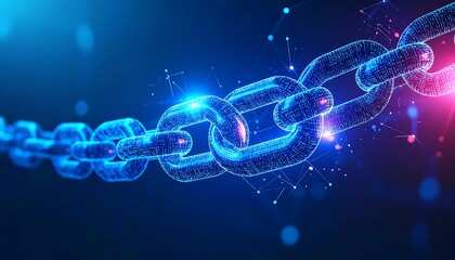 Abstract 3D chain; glowing links, nodes, and connections; dark blue background