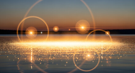 Glowing mist particles over water with lens flares, dreamy and ambient lighting.
