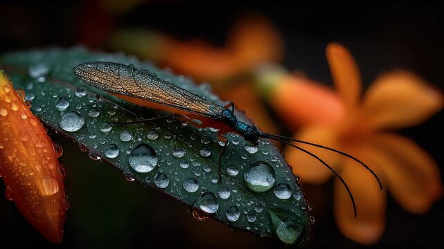 Vibrant Macro Scene: A Delicate Winged Insect Rests on a Leaf Glistening with Dew Drops