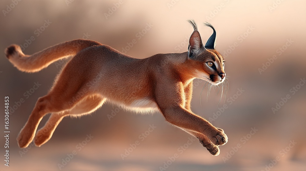 Wall mural a 3d rendering of a caracalon cat leaping with its front paws extended