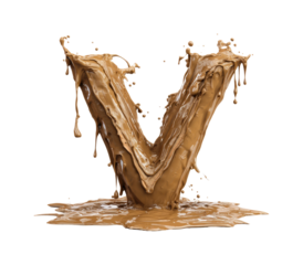 Dynamic chocolate v splash food abstract style isolated on transparent background, png
