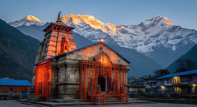 Majestic Kedarnath Temple illuminated at sunrise with snow-capped Himalayan mountains backdrop