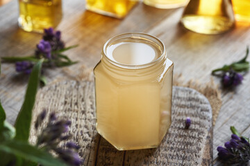 A jar of freshly strained comfrey root ointment made from Symphytum root and rendered pork lard