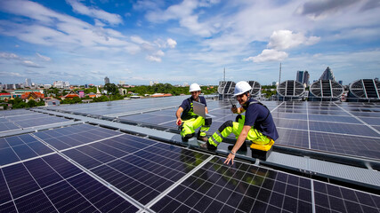 Workers install solar panels on a rooftop in an urban setting under a clear blue sky