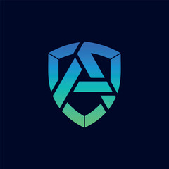 Fototapeta premium A modern shield logo with a powerful, 3D-like 'A'. The green and blue gradient suggests security, technology, and futuristic solutions in a strong, abstract design.