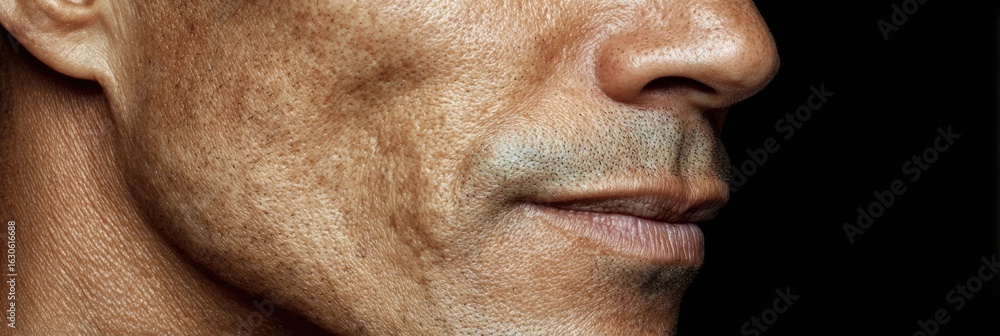 Poster close-up of a mans profile highlighting facial features and textures against a dark background durin