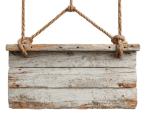 Rustic wooden sign hanging outdoors natural weathered design isolated on transparent background, png