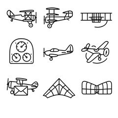 Historical Aircraft Icons. Outline style icons of Historical Airplanes: biplane, triplane, Wright brothers’ flyer, vintage cockpit