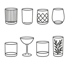 Outline Glassware Icons. Outline style icons of Glassware Details: ribbed glass design, frosted glass, crystal-cut glass, stemless